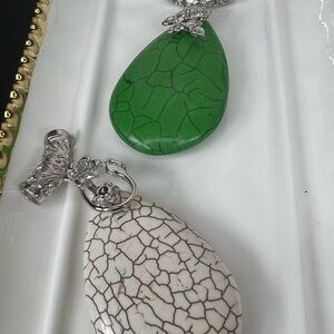 #14 BUNDLE Green and White Teardrop Pendant Necklace - Silver Accents